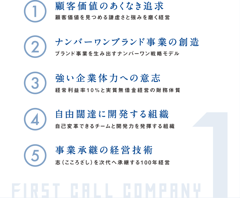 顧客価値のあくなき追求 ナンバーワンブランド事業の創造 強い企業体力への意志 自由闊達に開発する組織 事業承継の経営技術