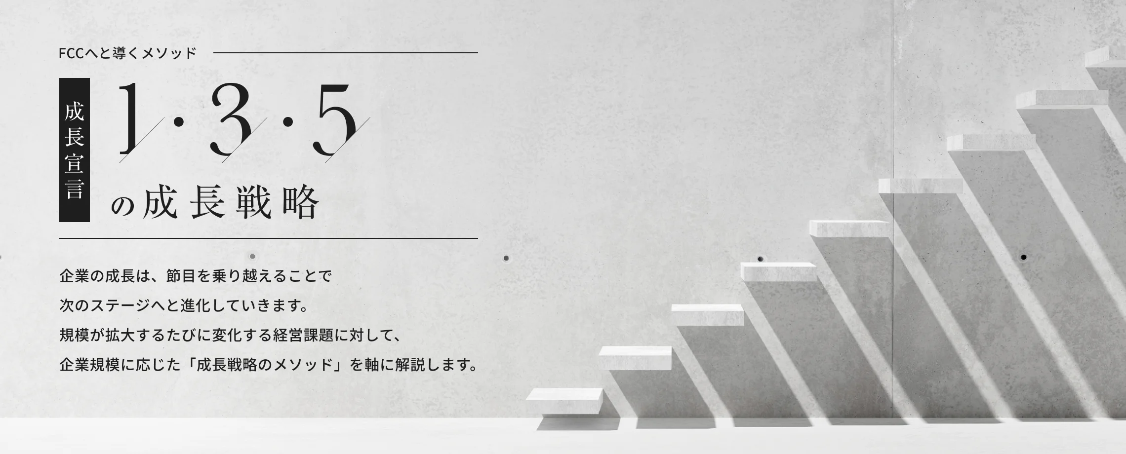 FCCへと導くメソッド 成長宣言 1・3・5の成長戦略 企業の成長は、節目を乗り越えることで次のステージへと進化していきます。規模が拡大するたびに変化する経営課題に対して、企業規模に応じた「成長戦略のメソッド」を軸に解説します。